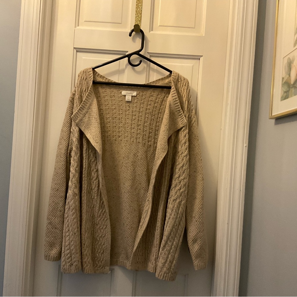 CJ Banks Beige Cable Knit Open Front Cardigan